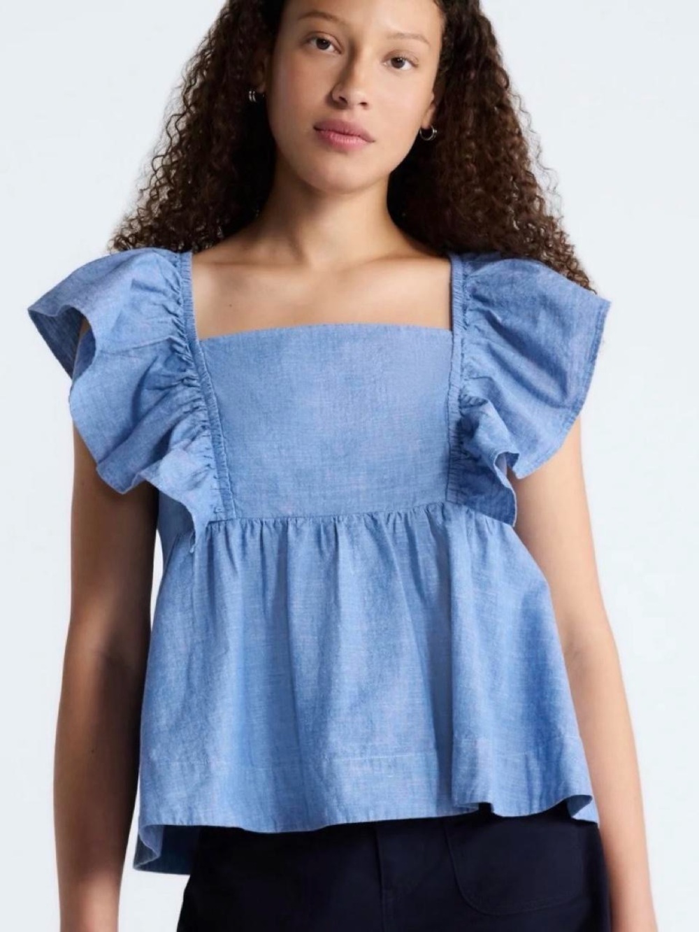 Blue Ruffle Chambray Top - Picture 3 of 4